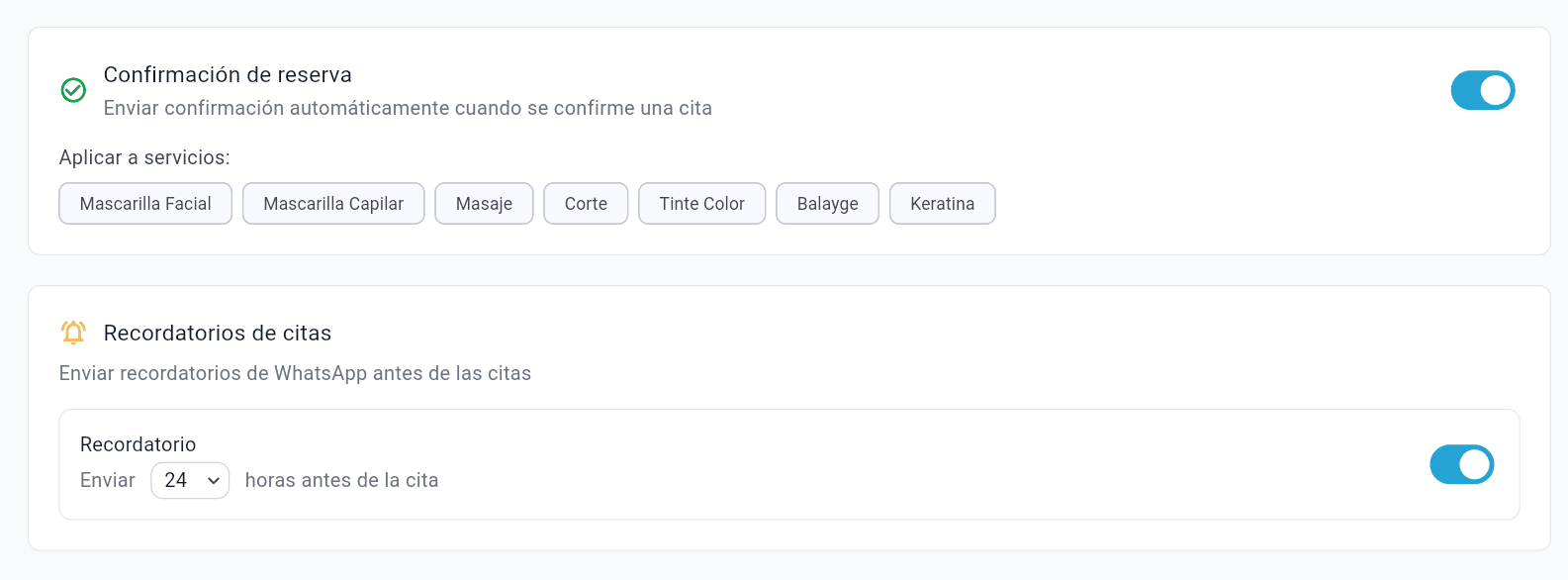 Pantalla de automatizaciones de Syncta con las plantillas de WhatsApp aprobadas por Meta y el interruptor de confirmacion de reserva