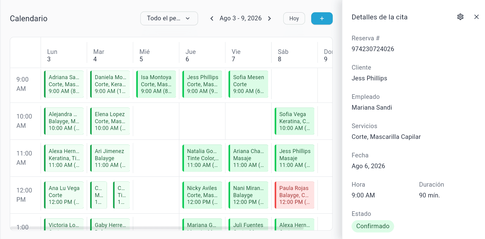 Calendario semanal de Syncta con citas marcadas por color
