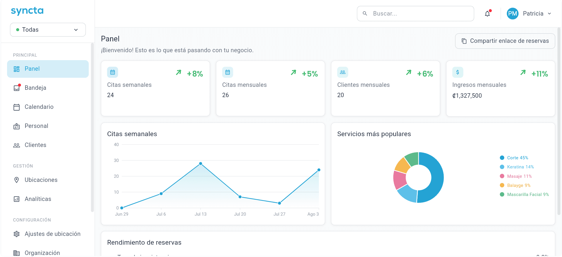 El panel de Syncta: citas semanales y mensuales, clientes e ingresos de un vistazo