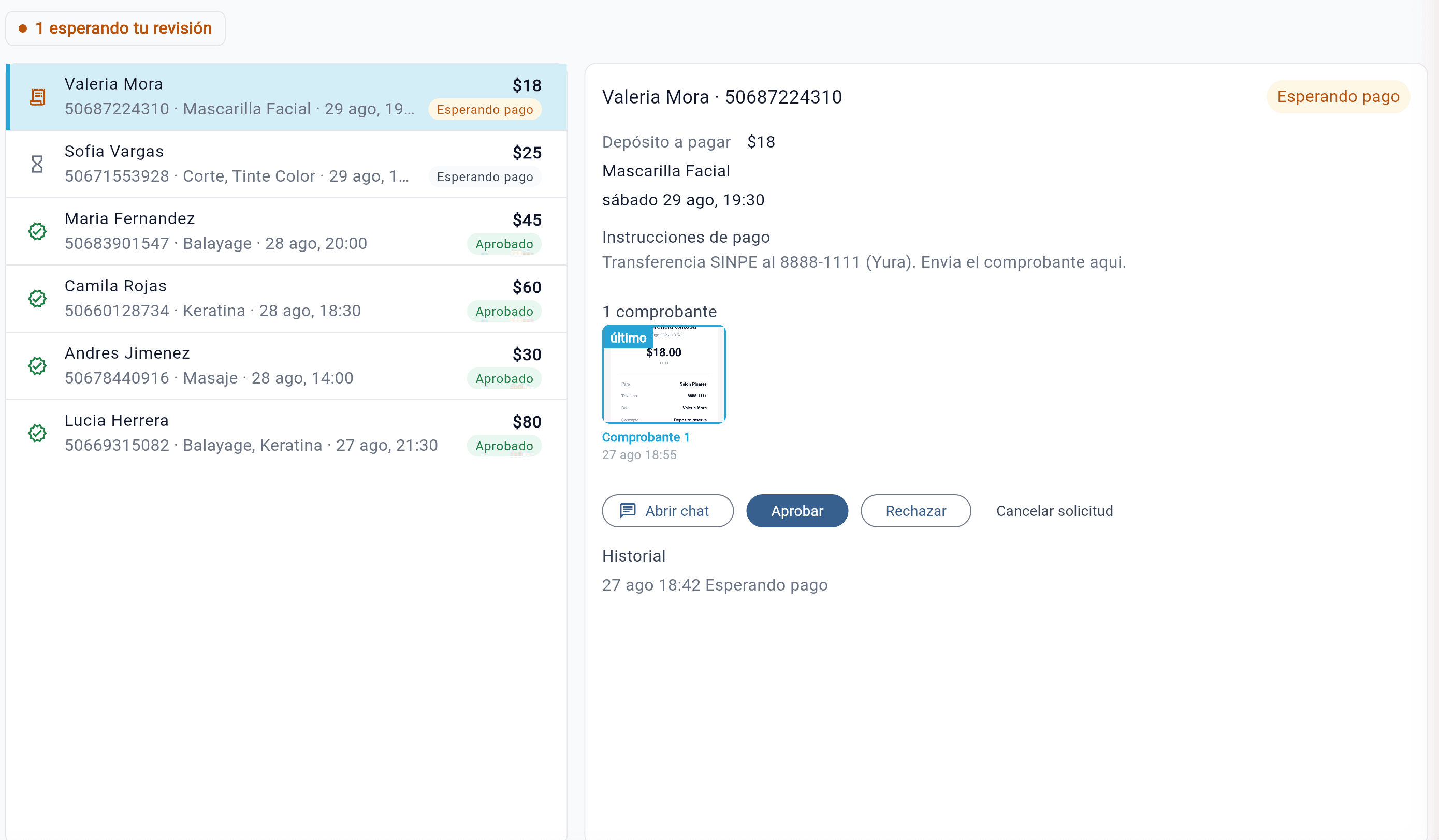 Solicitud de deposito abierta en Syncta: la cola de solicitudes, el comprobante enviado por el cliente y los botones de aprobar y rechazar